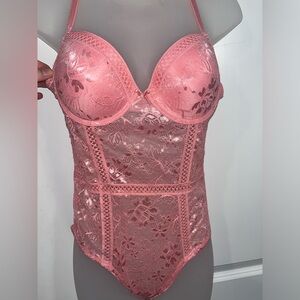 Carrie Amber Intimates Lingerie Bodysuit Pink Floral Lace Cut Outs Size Medium